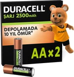 Duracell Şarj Edilebilir AA Kalem Pil (2'Li Paket), 2500 Mah Nimh, Önceden Sarj Edilmiş, Şarj Edilebilir Pilimiz