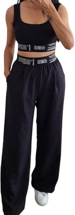 Duygu Dilsiz Kadın Siyah Beli Lastikli Crop Üst ve Bol Paça Pantolon Takım, Rahat