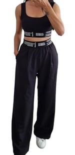Duygu Dilsiz Kadın Siyah Beli Lastikli Crop Üst ve Bol Paça Pantolon Takım, Rahat
