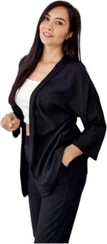 Duygu Dilsiz Kadın Siyah Bürümcük Kumaş Kimono Takım, Pantolon ve Ceket