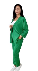 Duygu Dilsiz Yeşil Bürümcük Kumaş Kadın Kimono Takım