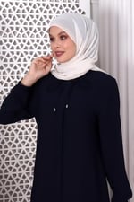 Düz Koyu Lacivert Boynundan Bağcıklı Petek Kumaş Ferace 9229-22