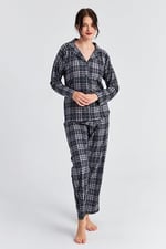 Ecrou Kadın Gri Siyah Ekose Desen Uzun Kol Bebe Yaka Pantolon Pijama Takım