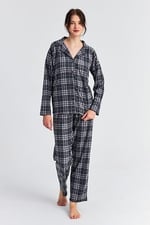 Ecrou Kadın Gri Siyah Ekose Desen Uzun Kol Bebe Yaka Pantolon Pijama Takım