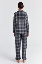 Ecrou Kadın Gri Siyah Ekose Desen Uzun Kol Bebe Yaka Pantolon Pijama Takım