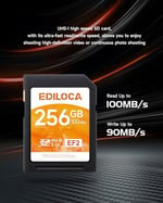 Ediloca EF2_256GB UHS-I SD Kart SDXC UHS-I Hafıza Kartı Hızlı Depolama, Okuma Hızı 100MB/s, Yazma Hızı 90MB/s, C10, U3, V30, Full-HD ve 4K Video, SD Kart, Profesyonel Fotoğrafçılar için Olması Gereken