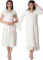 Effort Kadın Ekru Dantelli Hamile Lohusa Sabahlıklı Gecelik Takım