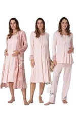 Effort Kadın Gri Hamile Lohusa Sabahlıklı Gecelik Ve Pijama Takımı Set Effortt