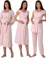 Effort Kadın Pembe Pamuklu Hamile Lohusa Sabahlıklı Gecelik Ve Pijama Takım Set
