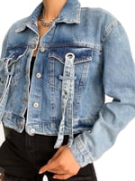 efstyle kuşgözü ve şerit detaylı crop kot ceket