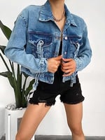 efstyle kuşgözü ve şerit detaylı crop kot ceket