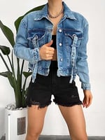 efstyle kuşgözü ve şerit detaylı crop kot ceket