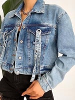 efstyle kuşgözü ve şerit detaylı crop kot ceket