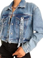 efstyle kuşgözü ve şerit detaylı crop kot ceket