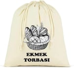 Ekmek Torbası, Pamuk Bez Torba, 40x40 cm, Baskılı Ekmek Desenli, Krem Rengi