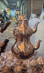 El İşlemeli Bakır Çaydanlık Takımı, Geleneksel Türk Çift Demlik Seti, Kalay Kaplı, 0.9L ve 1.8L, Keski Modeli