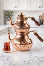El İşlemeli Bakır Çaydanlık Takımı, Geleneksel Türk Çift Demlik Seti, Kalay Kaplı, 0.9L ve 1.8L, Keski Modeli