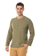 Eliş Şile Bezi Halikarnas Uzun Kol Violet Düğme Detaylı Erkek Yazlık Tshirt Haki Hk
