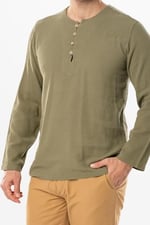 Eliş Şile Bezi Halikarnas Uzun Kol Violet Düğme Detaylı Erkek Yazlık Tshirt Haki Hk