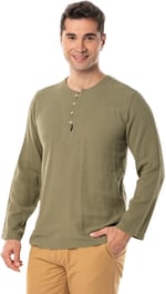 Eliş Şile Bezi Halikarnas Uzun Kol Violet Düğme Detaylı Erkek Yazlık Tshirt Haki Hk