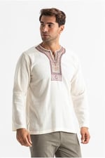 Eliş Şile Bezi Uzun Kol Şile Bezi Bisiklet Yaka Etnik Yazlık T-shirt, S, TST.E.0001, Krem, Erkek