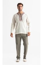 Eliş Şile Bezi Uzun Kol Şile Bezi Bisiklet Yaka Etnik Yazlık T-shirt, S, TST.E.0001, Krem, Erkek
