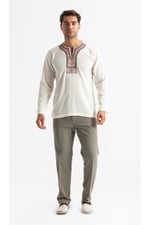 Eliş Şile Bezi Uzun Kol Şile Bezi Bisiklet Yaka Etnik Yazlık T-shirt, S, TST.E.0001, Krem, Erkek