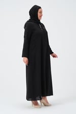 ELVAN KADIN PETEK KUMAŞ CEPLİ KAPÜŞONLU KOLU FİLE VE TAŞ ŞERİTLİ ABİYE FERACE