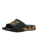 Emporio Armani EA7 Slider Crusher Distance con maxi logo, Erkek plaj/havuz terlik siyah/altın XBP008