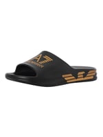 Emporio Armani EA7 Slider Crusher Distance con maxi logo, Erkek plaj/havuz terlik siyah/altın XBP008