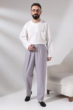 Erkek Açık Gri Hac ve Umre Rahat Kesim Beli Lastikli Keten Şalvar Pantolon