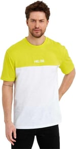 Erkek Bisiklet Yaka Blok Renkli Regular Fit Baskılı Yeşil Renk Tişört