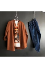 ERKEK ÇOCUK KETEN GÖMLEK VE KOT PANTOLONLU 3 PARÇA SET KAHVERENGİ 5-6 Yaş