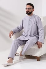 Erkek Hac ve Umre Kıyafeti İkili Alt Üst Afgan Takım Gri