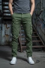 Erkek Kargo Pantolon - Haki Yeşil Likralı Pamuk Erkek Pantolon - Outdoor İş Yürüyüş Erkek Pantolon