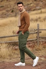 Erkek Kargo Pantolon - Haki Yeşil Likralı Pamuk Erkek Pantolon - Outdoor İş Yürüyüş Erkek Pantolon