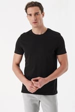 Erkek Siyah Basic Düz%100 Pamuk Bisiklet Yaka Slim Fit Dar Kesim Kısa Kollu Tişört