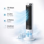 Ev Tipi Kule Tipi Vantilatör & Soğutucu – 70W Güçlü Hava Akışı, 3 Kademe Hız, 3L Su Tanklı Nemlendirici, 24 Saat Zamanlayıcı, Sessiz Çalışma (29 dB), Uzaktan Kumandalı, LCD Ekranlı