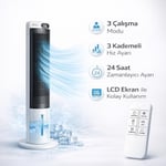 Ev Tipi Kule Tipi Vantilatör & Soğutucu – 70W Güçlü Hava Akışı, 3 Kademe Hız, 3L Su Tanklı Nemlendirici, 24 Saat Zamanlayıcı, Sessiz Çalışma (29 dB), Uzaktan Kumandalı, LCD Ekranlı