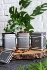 EVLE-Metal Çay, Kahve, Şeker Saklama Kutusu 3 Lü Set 7.5 x 7.5 x 10.2 cm, Silver (Silver)