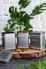 EVLE-Metal Çay, Kahve, Şeker Saklama Kutusu 3 Lü Set 7.5 x 7.5 x 10.2 cm, Silver (Silver)