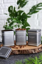 EVLE-Metal Çay, Kahve, Şeker Saklama Kutusu 3 Lü Set 7.5 x 7.5 x 10.2 cm, Silver (Silver)