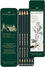 Faber-Castell 9000 Dereceli Kurşun Kalem Seti, 6’lı, Metal Kutu, HB-B-2B-4B-6B-8B, Teknik Çizim ve Eskiz İçin, Dayanıklı Uç, Naturel Siyah