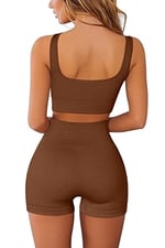 FAFOFA Kadınlar için Egzersiz Setleri 2 Parça Dikişsiz Nervürlü Göbeği Açık Tank Yüksek Bel Şort Yoga Kıyafeti