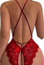 Fancy&Dancy Kadın Bacak Arası Açık Dantel Tül Babydoll - Çapraz Askı Detaylı Şık Gecelik - Tek Parça İç Çamaşırı Bodysuit - 7300