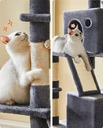FEANDREA Kedi Ağacı, Büyük Oyun Kulesi, Yükseklik 206 cm, 13 Çizik Tahtası, 1 Çizik Tahtası, 2 Platform, 2 Niş, Sepet, Hamak, Pompon, Peluş Kumaş, Çok Seviyeli Koyu Gri