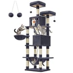 FEANDREA Kedi Ağacı, Büyük Oyun Kulesi, Yükseklik 206 cm, 13 Çizik Tahtası, 1 Çizik Tahtası, 2 Platform, 2 Niş, Sepet, Hamak, Pompon, Peluş Kumaş, Çok Seviyeli Koyu Gri