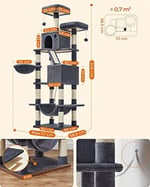 FEANDREA Kedi Ağacı, Büyük Oyun Kulesi, Yükseklik 206 cm, 13 Çizik Tahtası, 1 Çizik Tahtası, 2 Platform, 2 Niş, Sepet, Hamak, Pompon, Peluş Kumaş, Çok Seviyeli Koyu Gri