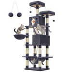 FEANDREA Kedi Ağacı, Büyük Oyun Kulesi, Yükseklik 206 cm, 13 Çizik Tahtası, 1 Çizik Tahtası, 2 Platform, 2 Niş, Sepet, Hamak, Pompon, Peluş Kumaş, Çok Seviyeli Koyu Gri