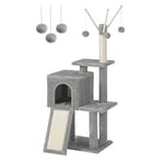 FEANDREA PCT143W01 kedi ağacı, tırmalama tahtalı, 3 çıkarılabilir ponpon çubuğu, 118 cm, açık gri